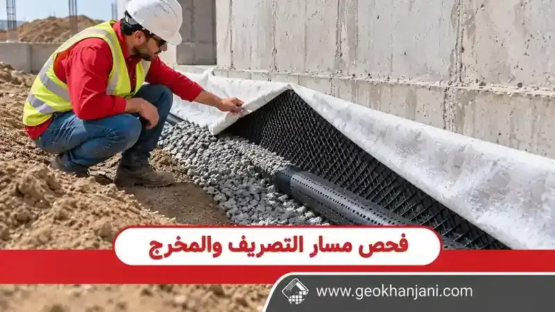 فحص طبقة الجيونت والجيوتكستيل بجوار أنبوب تجميع المياه عند قاعدة جدار خرساني