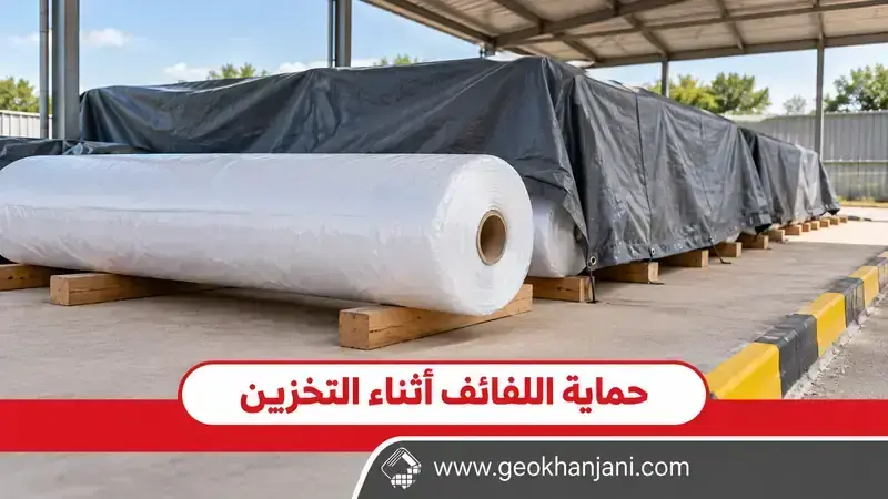 لفائف جيوتكستيل مغلفة على دعامات خشبية تحت غطاء واق ومنطقة تخزين مسقوفة