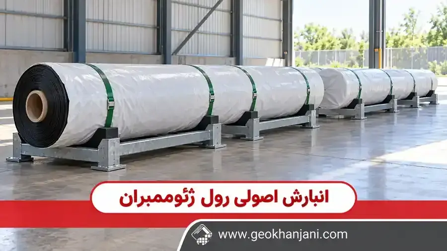 جابه‌جایی رول بسته‌بندی‌شده ژئوممبران با لیفتراک در کنار کانتینر حمل