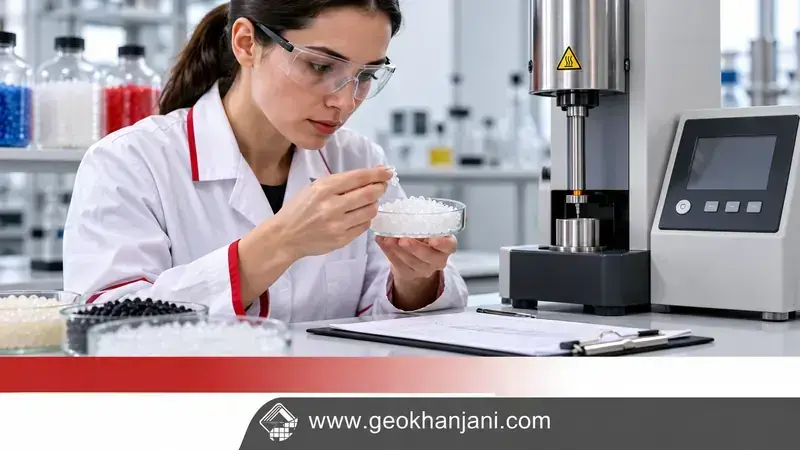 بررسی نمونه گرانول پلیمری در آزمایشگاه کنار دستگاه آزمون جریان مذاب