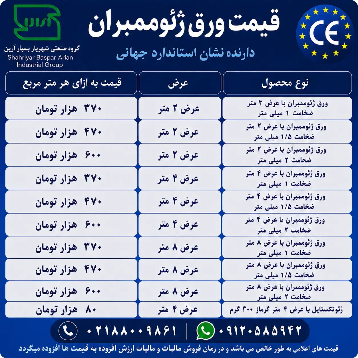  قیمت ورق ژئوممبران امروز | لیست قیمت تمامی ضخامت‌ها + مشاوره رایگان