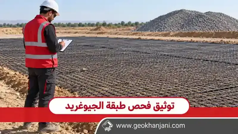 مهندس يسجل ملاحظات فحص طبقة جيوغريد مفروشة قبل تغطيتها بالردم