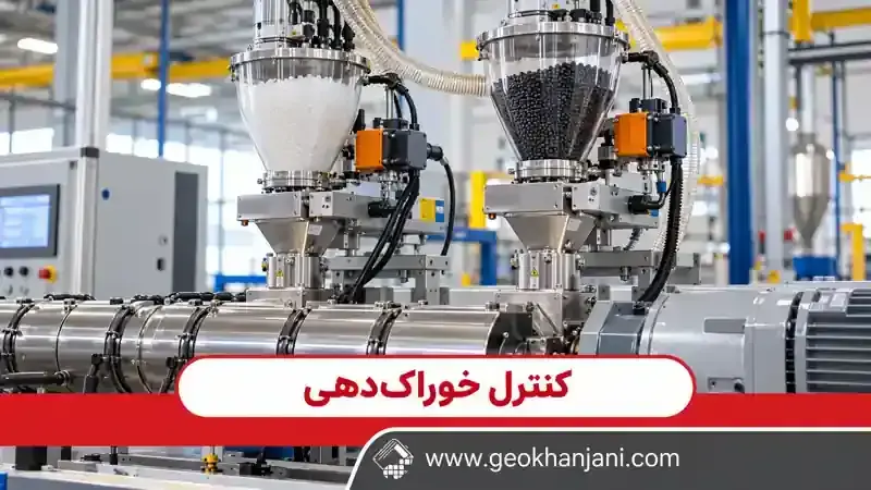 نمای آموزشی مخازن خوراک‌دهی رزین طبیعی و مستربچ مشکی در خط اکستروژن